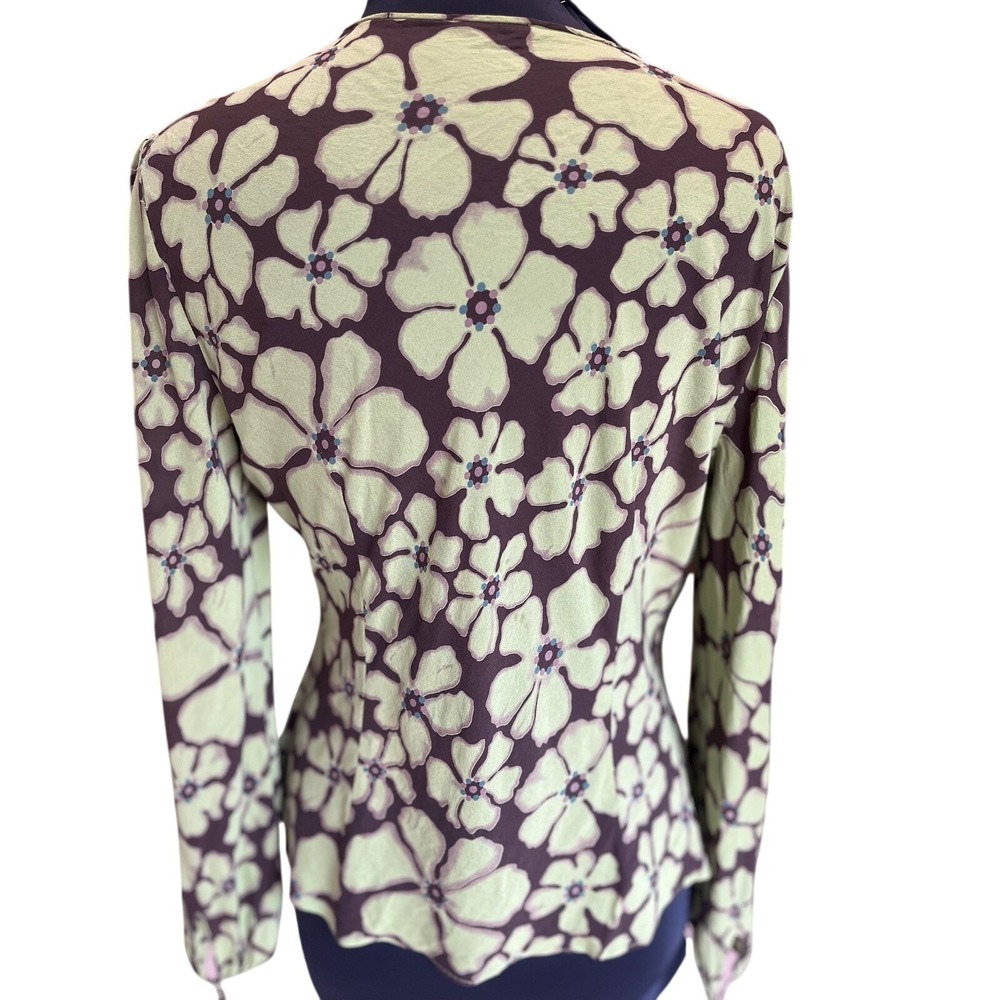 Retro Floral V-Neck Tie Front Blouse Lime Green Brown Long Sleeve Top - Picture 11 of 11
